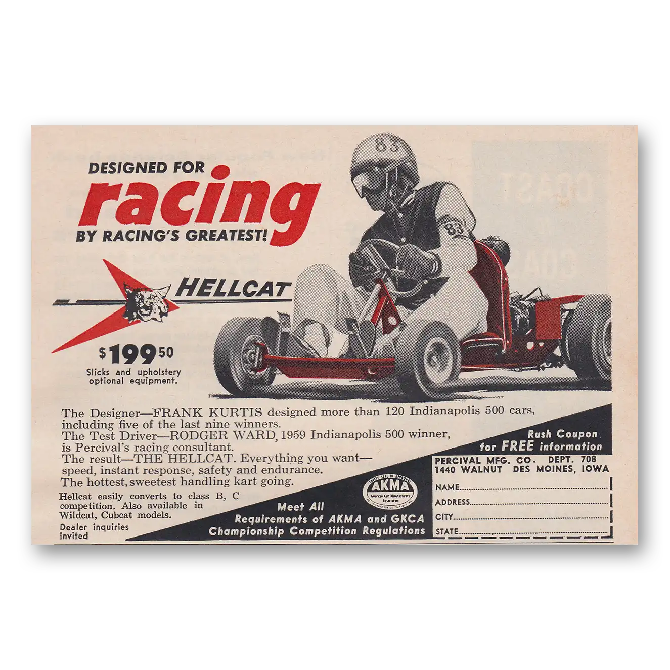 1959 Hellcat Racing Kart Designed for Racing Vintage Magazine Print Ad