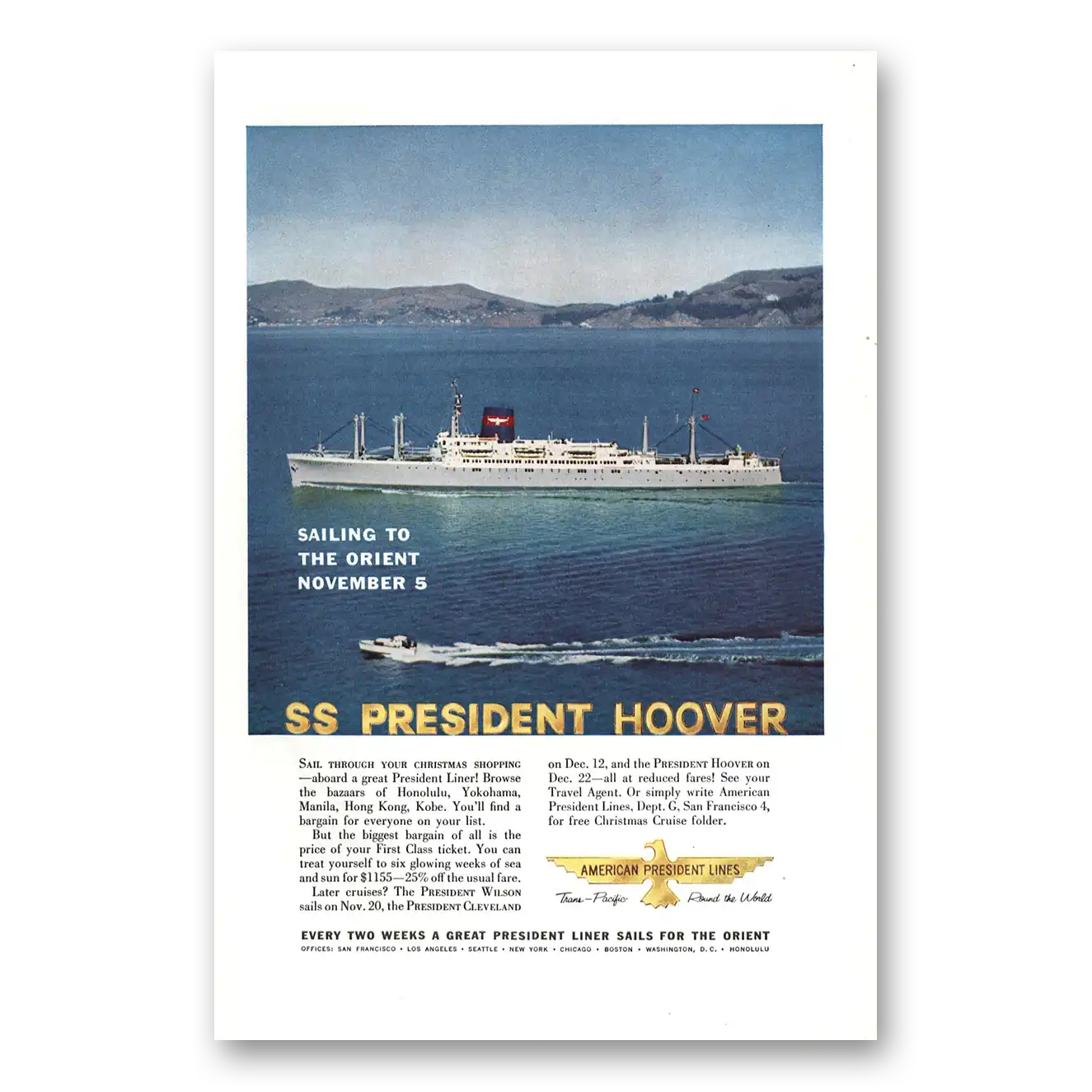 1959 American President Lines SS President Hoover Sailing to the Orient Vintage Magazine Print Ad