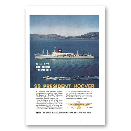 1959 American President Lines SS President Hoover Sailing to the Orient Vintage Magazine Print Ad