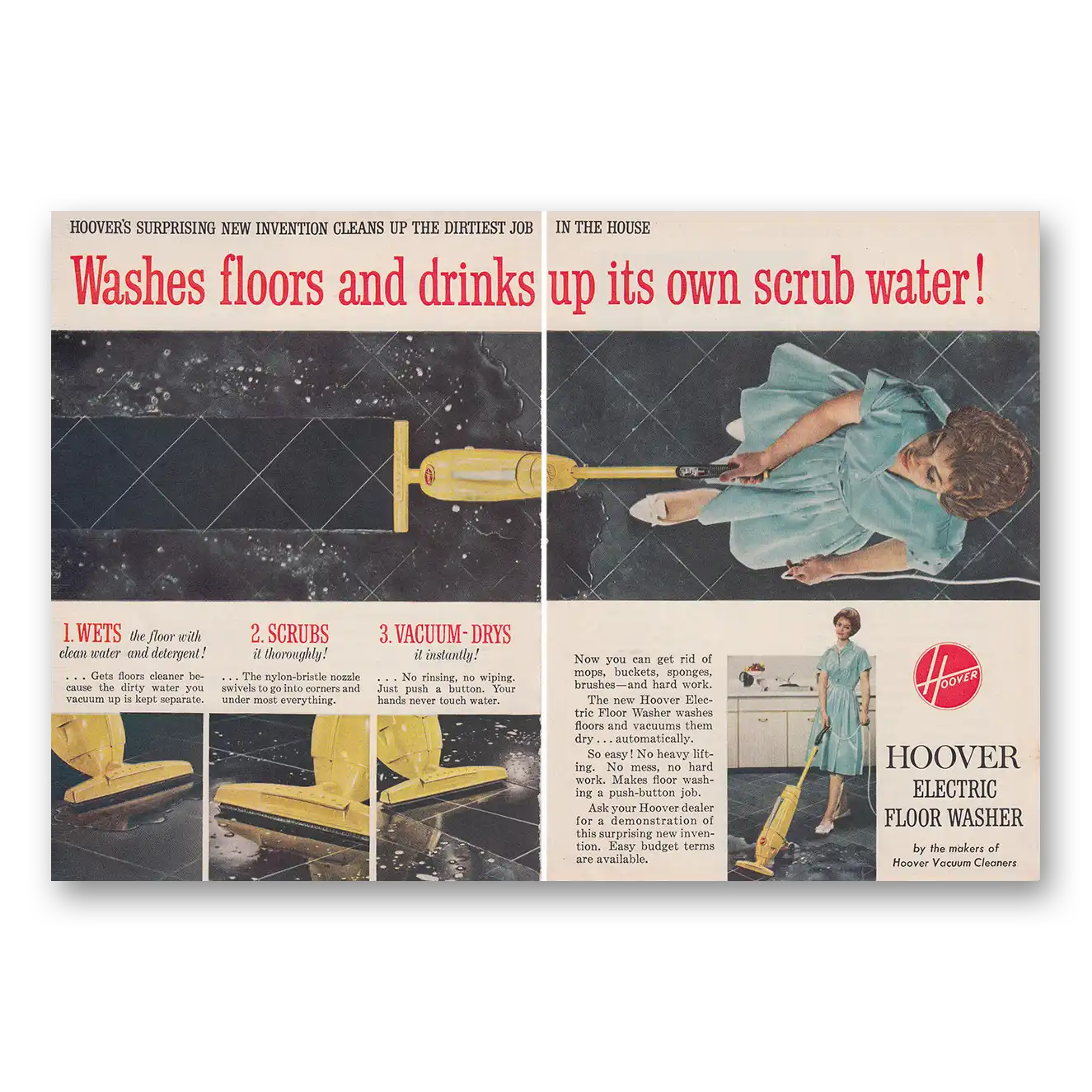 1959 Hoover Vacuum Washes Floors and Drinks Up Its Own Scrub Water Vintage Magazine Print Ad