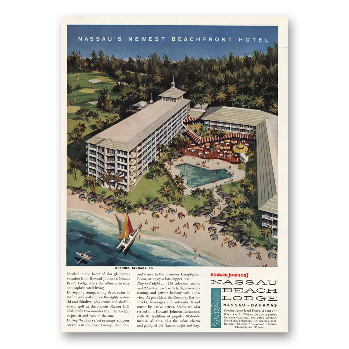 1959 Howard Johnson Nassau Beach Lodge Beachfront Hotel Vintage Magazine Print Ad