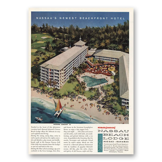 1959 Howard Johnson Nassau Beach Lodge Beachfront Hotel Vintage Magazine Print Ad