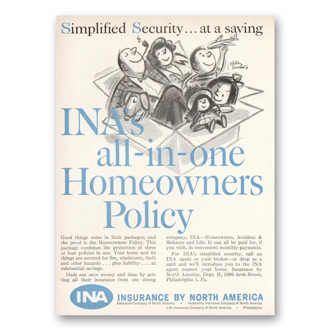 1959 Insurance Company North America INA All In One Homeowners Policy Vintage Magazine Print Ad