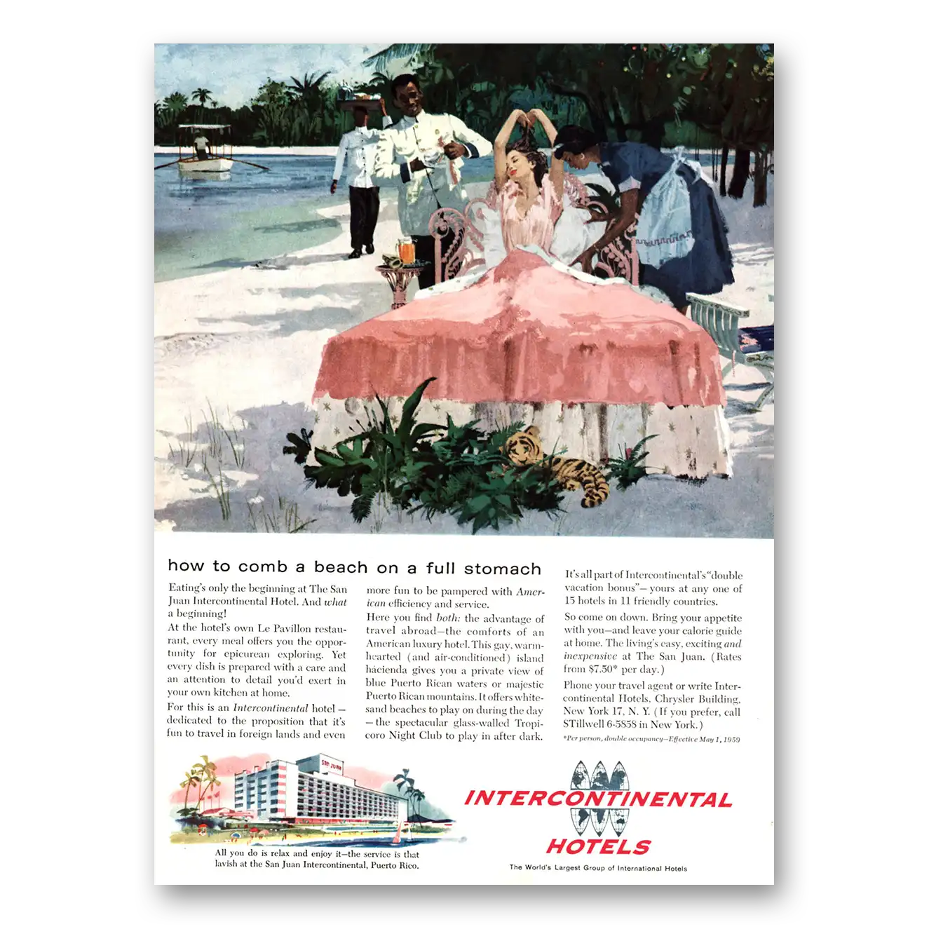 1959 InterContinental Hotels Comb a Beach on a Full Stomach Vintage Magazine Print Ad