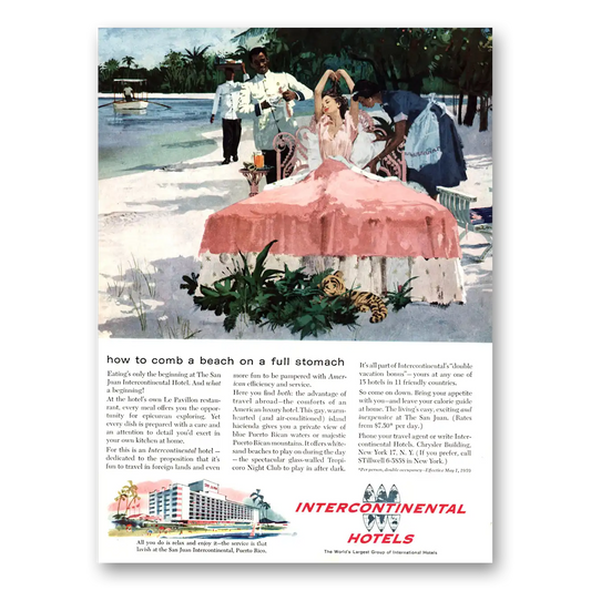 1959 InterContinental Hotels Comb a Beach on a Full Stomach Vintage Magazine Print Ad