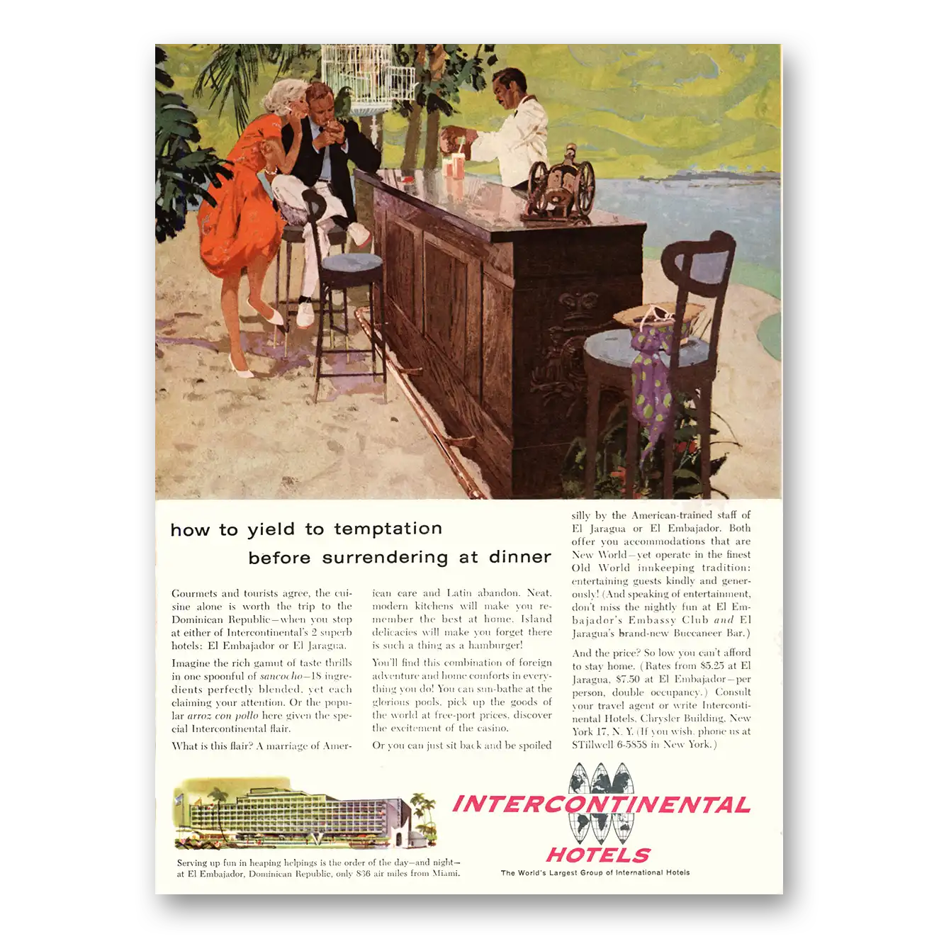 1959 InterContinental Hotels Yield to Temptation Vintage Magazine Print Ad