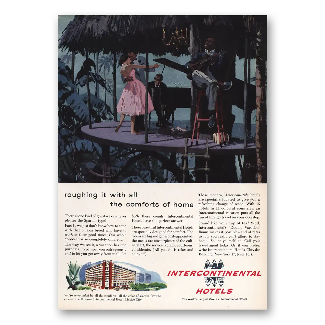 1959 InterContinental Hotels Roughing It Comforts of Home Vintage Magazine Print Ad