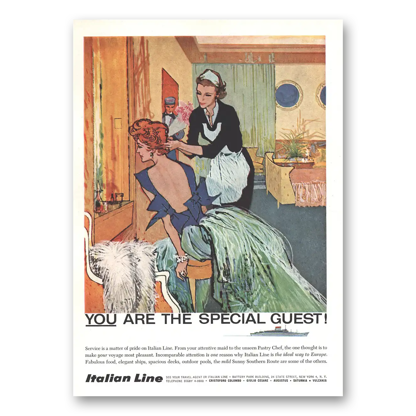 1959 Italian Line You Are the Special Guest Service Is a Matter of Pride Vintage Magazine Print Ad