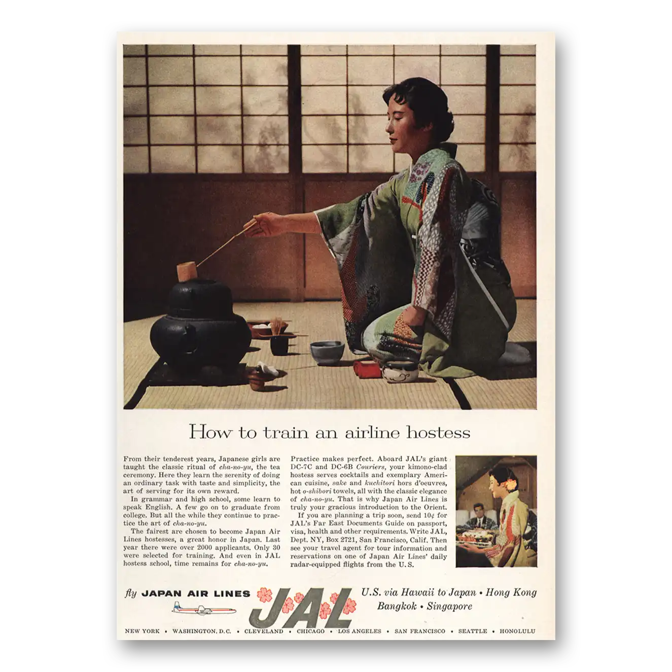 1959 Japan Air Lines How to Train an Airline Hostess Vintage Magazine Print Ad