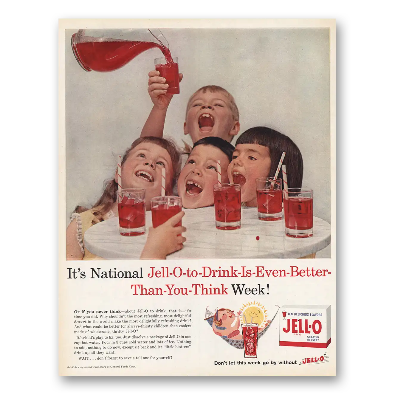 1959 Jell-O National Jell-O To Drink Is Even Better Vintage Magazine Print Ad