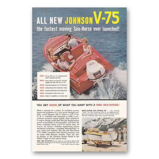 1959 Johnson Sea Horse Motors Fastest Moving Sea Horse Vintage Magazine Print Ad