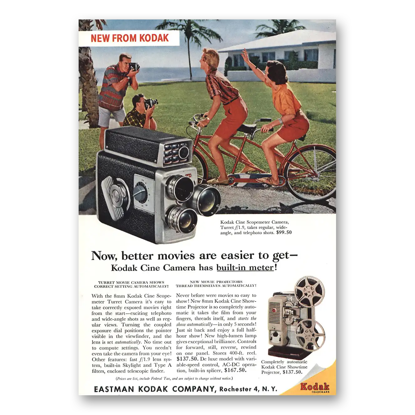 1959 Kodak Movie Camera Cine Camera Tandem Bike Vintage Magazine Print Ad