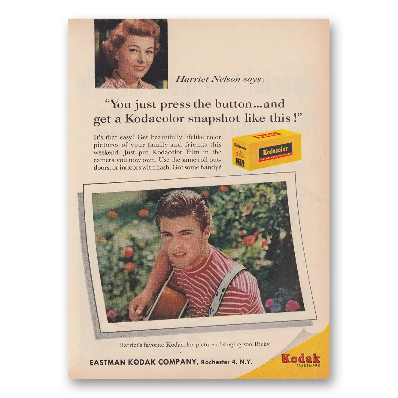 1959 Kodak Film Harriet Nelson Ricky Nelson Vintage Magazine Print Ad