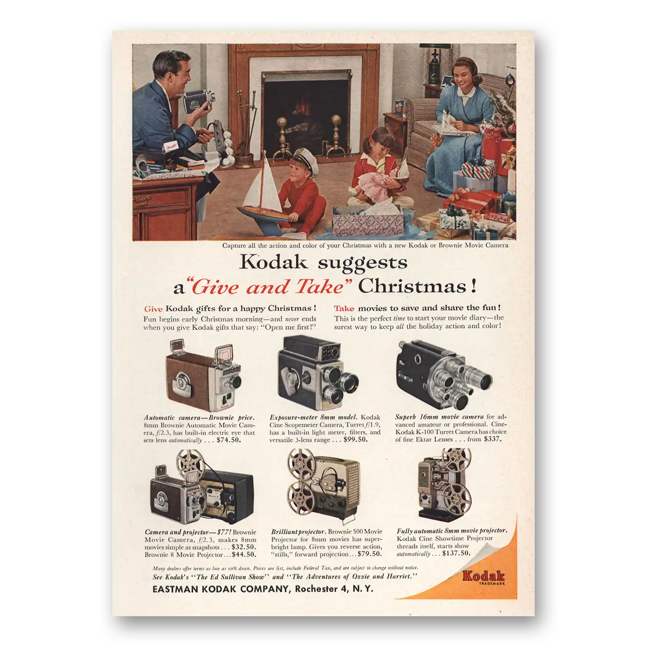 1959 Kodak Movie Camera Give and Take Christmas Vintage Magazine Print Ad