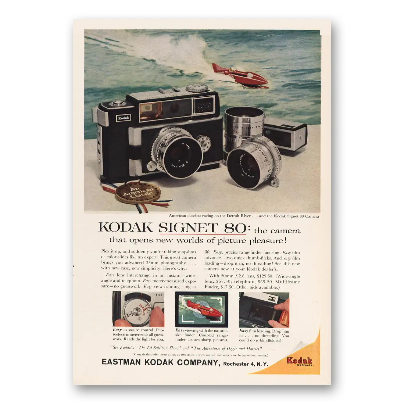 1959 Kodak Signet Camera Racing Detroit River Vintage Magazine Print Ad