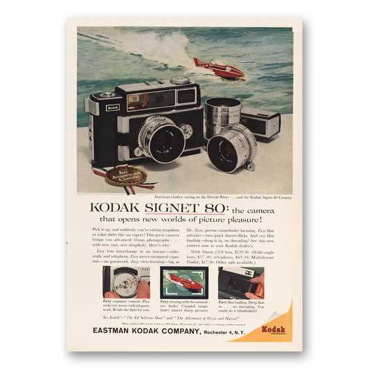 1959 Kodak Signet Camera Racing Detroit River Vintage Magazine Print Ad