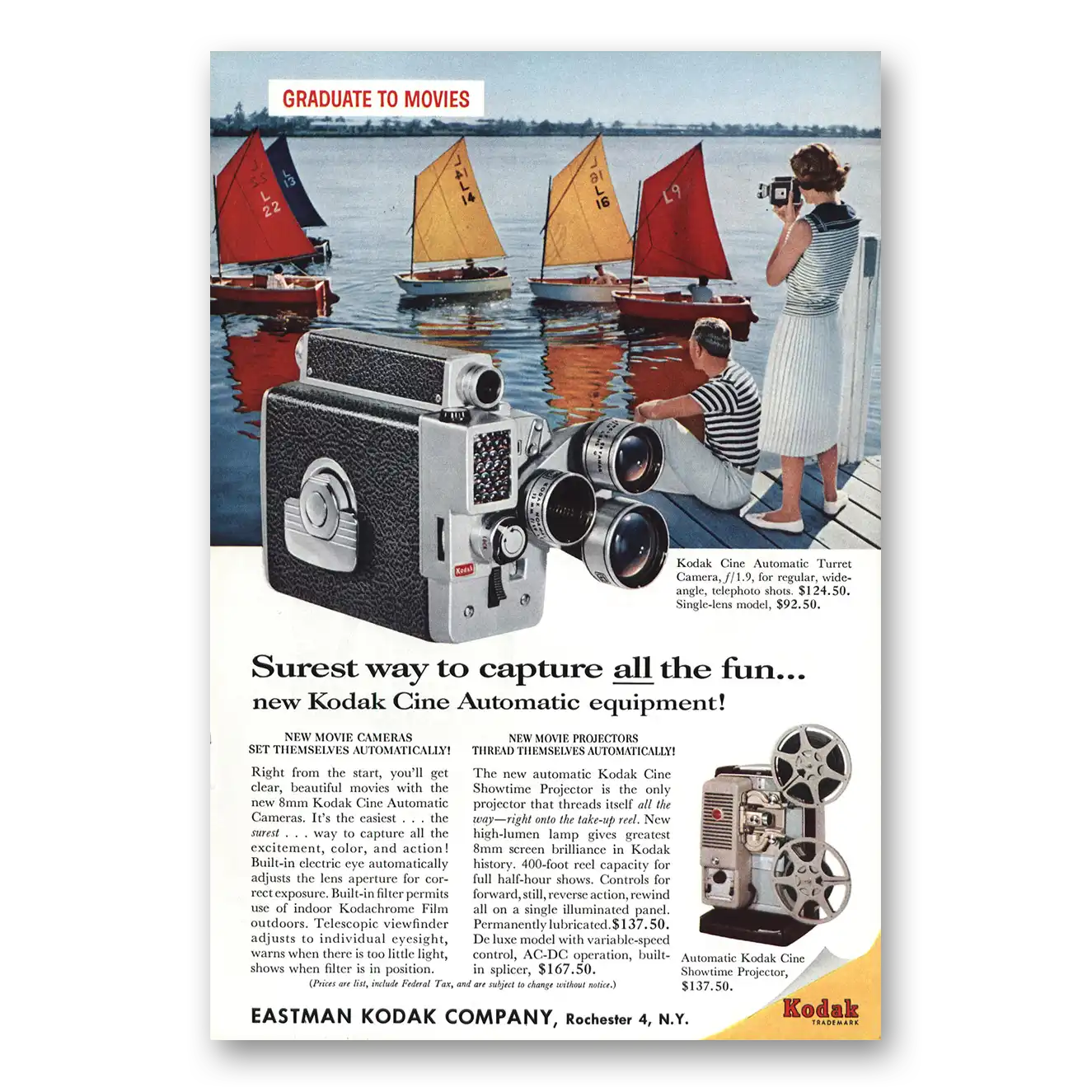 1959 Eastman Kodak Graduate to Movies Sailboats Vintage Magazine Print Ad