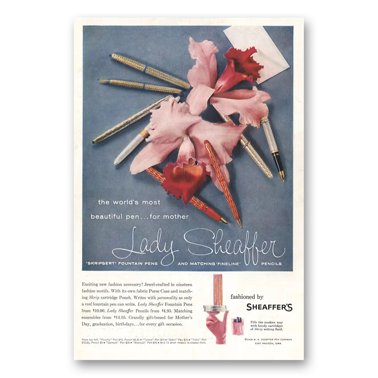 1959 Lady Sheaffer Pen Most Beautiful Pen for Mother Vintage Magazine Print Ad