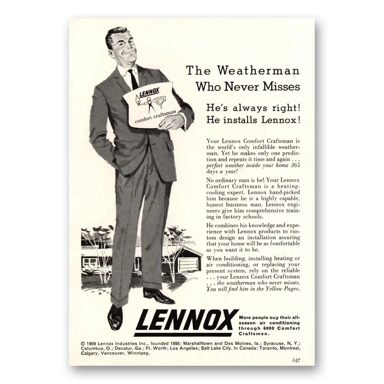 1959 Lennox Comfort Craftsman Weatherman Who Never Misses Vintage Magazine Print Ad