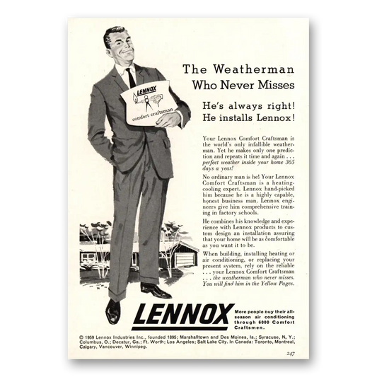 1959 Lennox Comfort Craftsman Weatherman Who Never Misses Vintage Magazine Print Ad