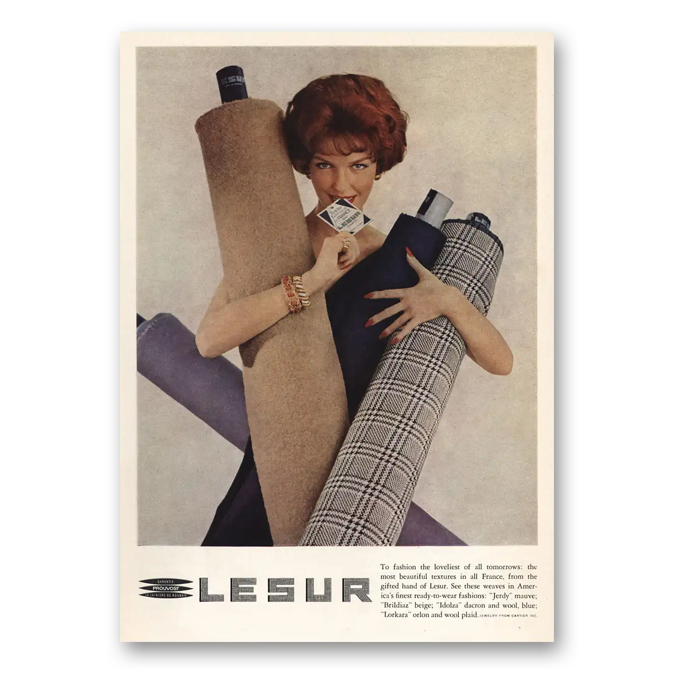 1959 Lesur Fabrics Fashion Loveliest of All Tomorrows Vintage Magazine Print Ad