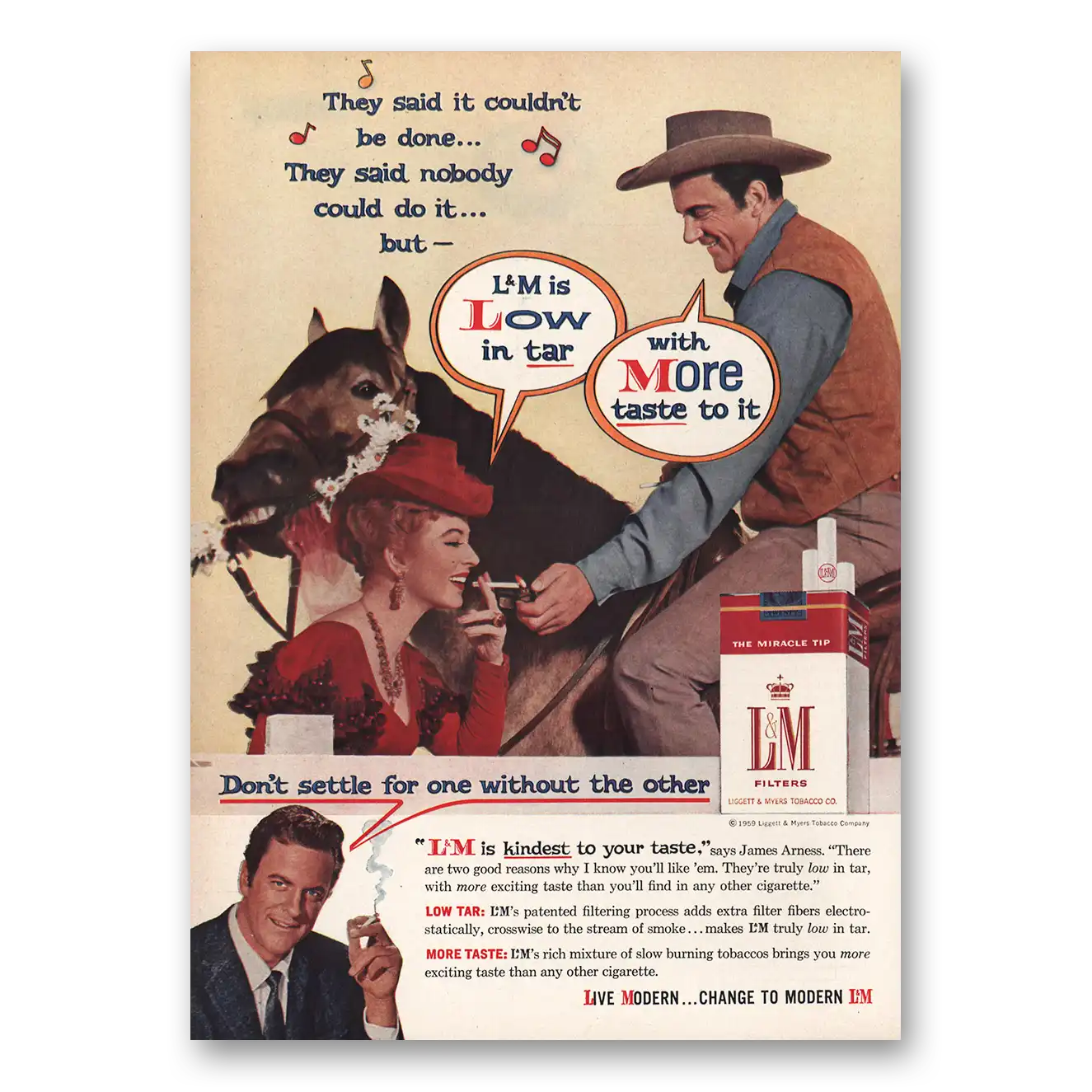 1959 L&M Cigarettes James Arness Vintage Magazine Print Ad