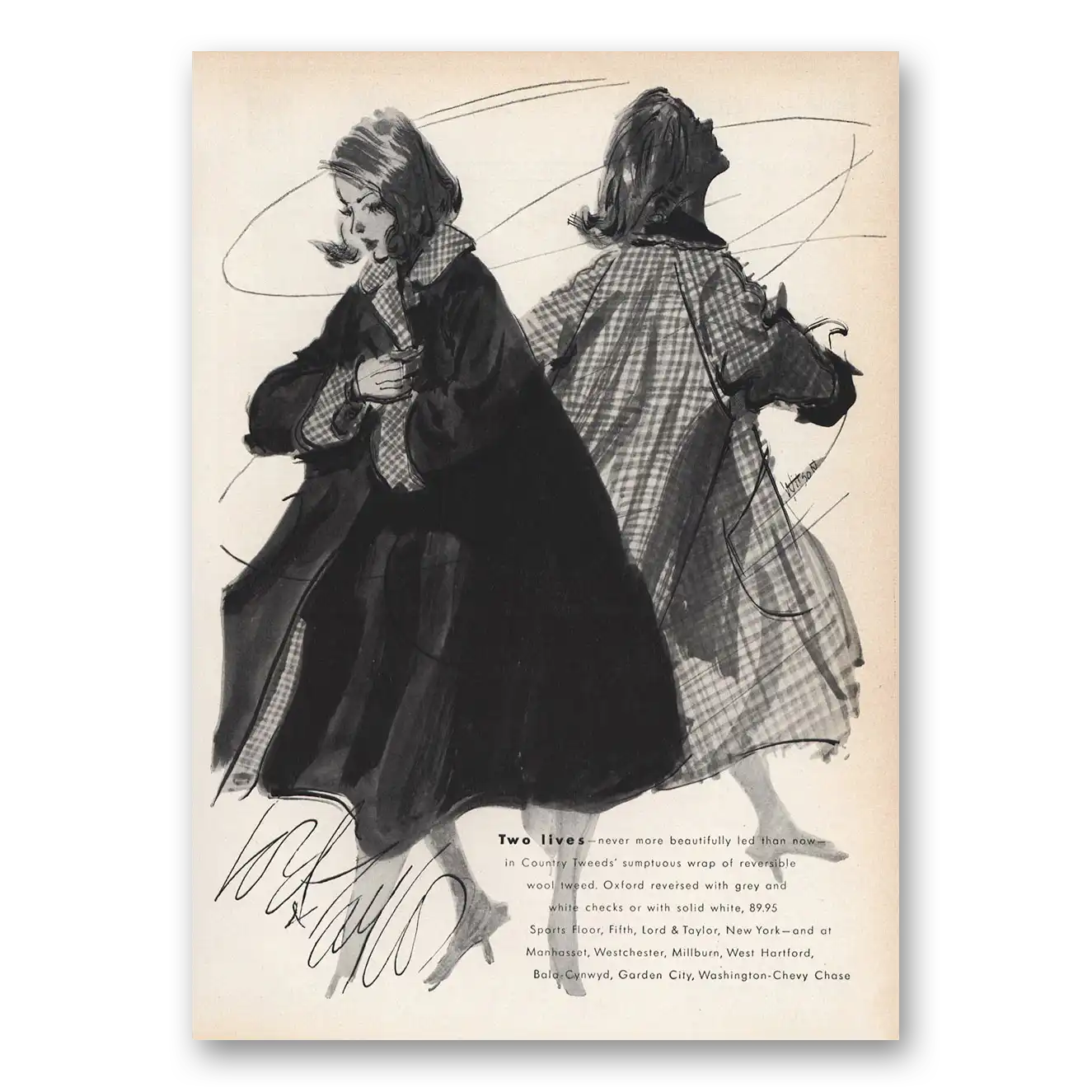 1959 Lord & Taylor Two Lives Country Tweeds Vintage Magazine Print Ad