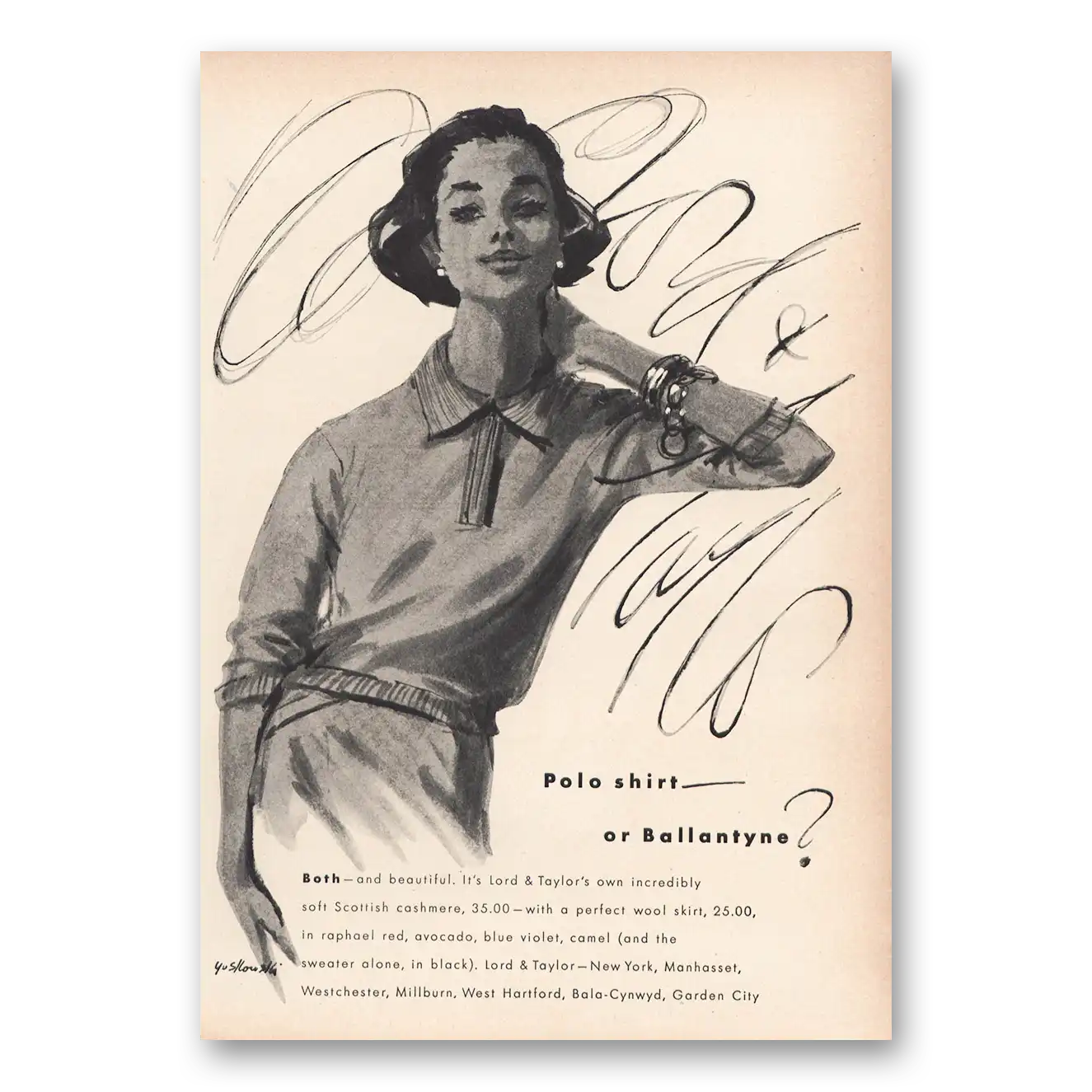 1959 Lord & Taylor Polo Shirt or Ballantyne Vintage Magazine Print Ad