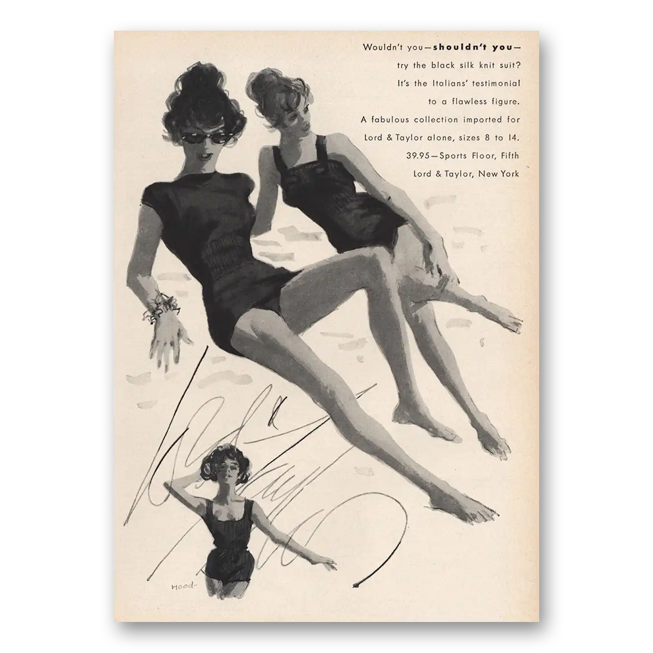 1959 Lord & Taylor Wouldn’t You Shouldn’t You Black Silk Knit Suit Vintage Magazine Print Ad