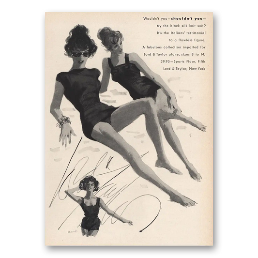 1959 Lord & Taylor Wouldn’t You Shouldn’t You Black Silk Knit Suit Vintage Magazine Print Ad