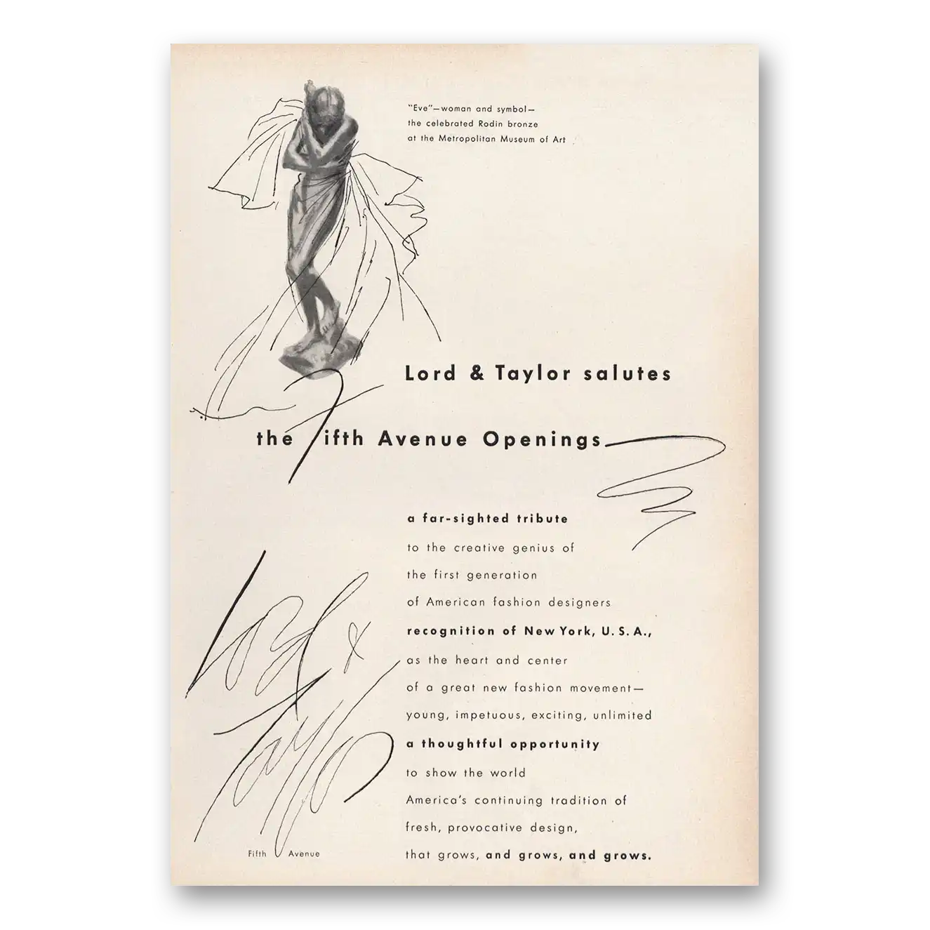 1959 Lord & Taylor Salutes the Fifth Avenue Openings Vintage Magazine Print Ad