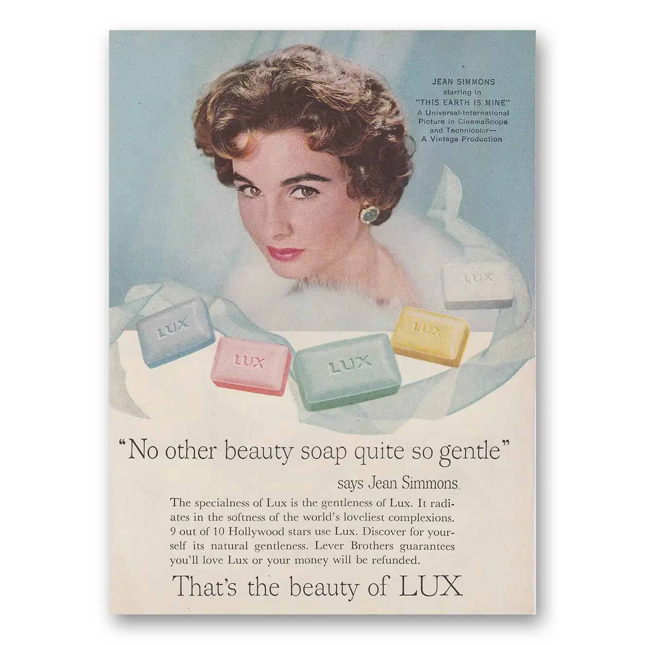 1959 Lux Soap No Other Beauty Soap Quite So Gentle Jean Simmons Vintage Magazine Print Ad