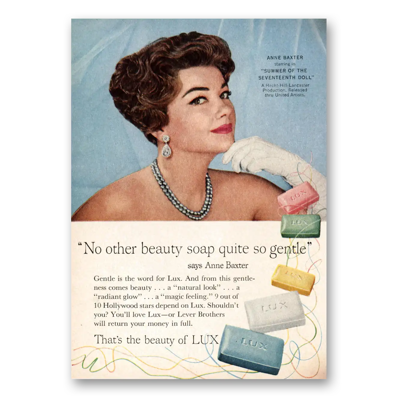 1959 Lux Soap Anne Baxter No Other Beauty Soap Quite So Gentle Vintage Magazine Print Ad