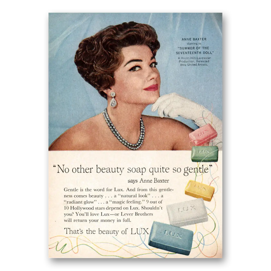 1959 Lux Soap Anne Baxter No Other Beauty Soap Quite So Gentle Vintage Magazine Print Ad