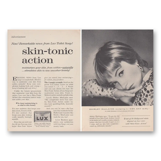 1959 Lux Soap Shirley MacLaine Skin Tonic Action Vintage Magazine Print Ad