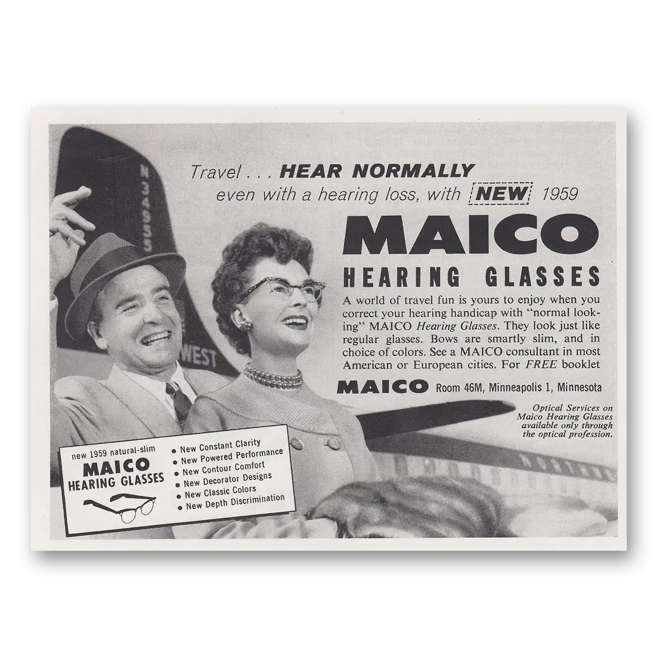 1959 Maico Hearing Aid Hear Normally Hearing Glasses Vintage Magazine Print Ad