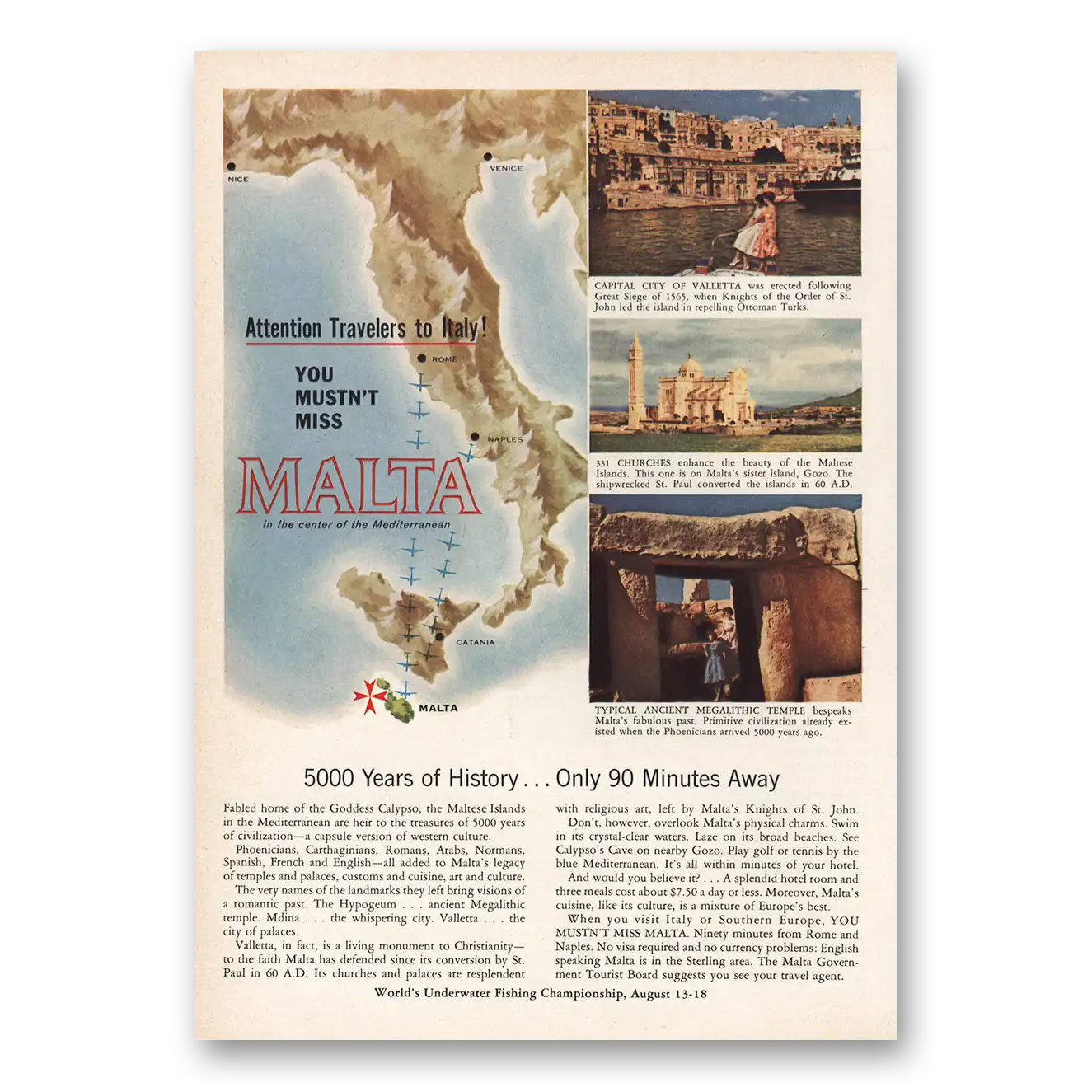 1959 Malta Attention Travelers to Italy Vintage Magazine Print Ad