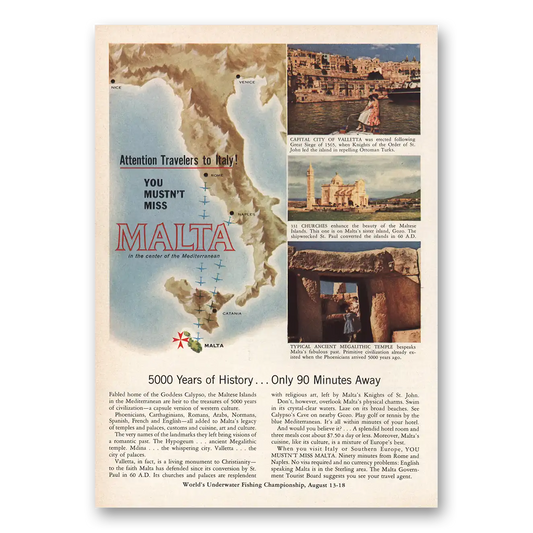 1959 Malta Attention Travelers to Italy Vintage Magazine Print Ad