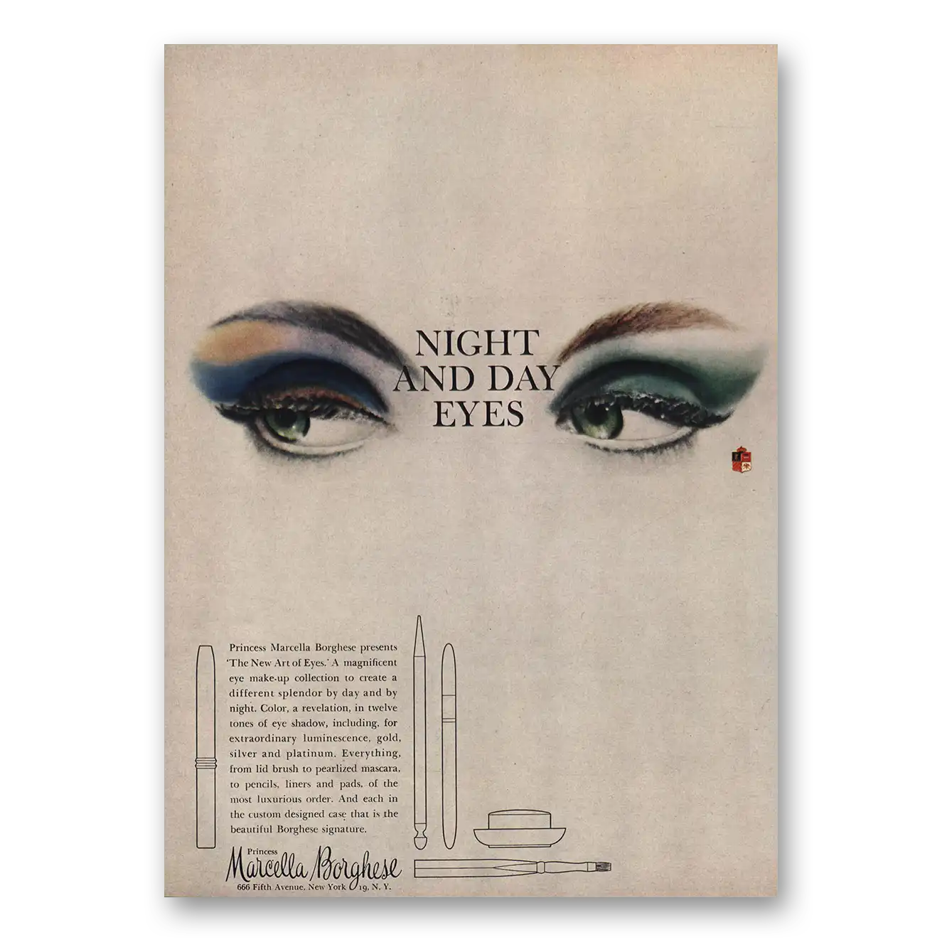 1959 Marcella Borghese Cosmetics Night and Day Eyes Vintage Magazine Print Ad