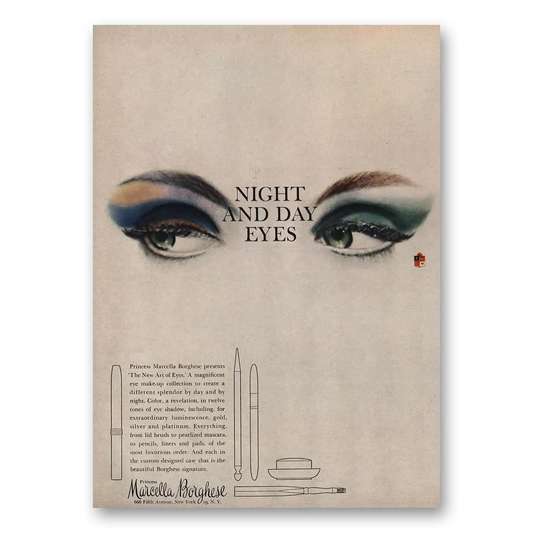 1959 Marcella Borghese Cosmetics Night and Day Eyes Vintage Magazine Print Ad