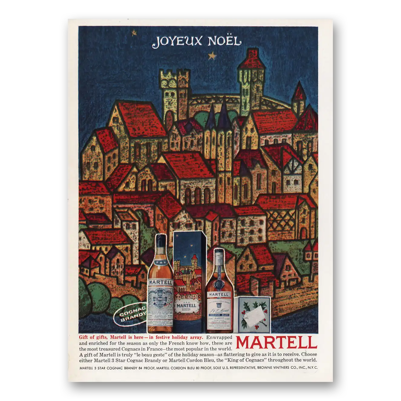 1959 Martell Cognac Joyeux Noel Vintage Magazine Print Ad