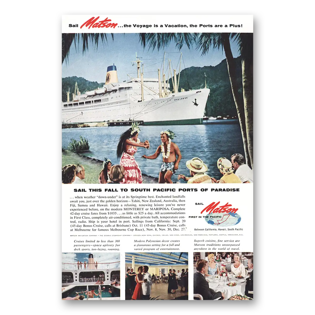 1959 Matson Line Ports of Paradise Monterey Mariposa Vintage Magazine Print Ad