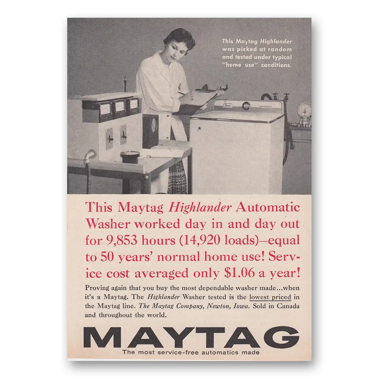 1959 Maytag Highlander Washer Automatic Washer Worked Day In and Day Out Vintage Magazine Print Ad