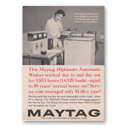 1959 Maytag Highlander Washer Automatic Washer Worked Day In and Day Out Vintage Magazine Print Ad