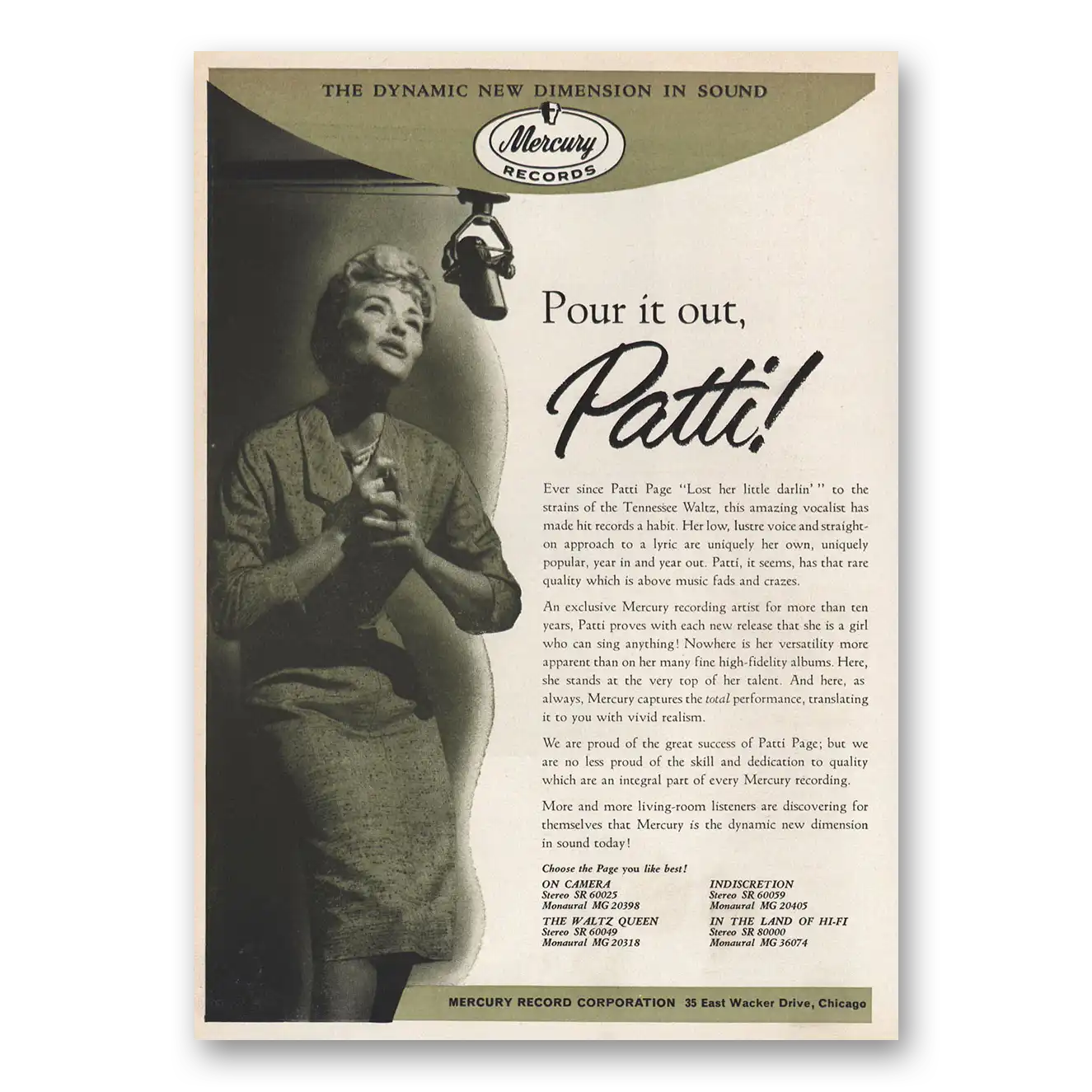 1959 Mercury Records Pour It Out Patti Page Vintage Magazine Print Ad