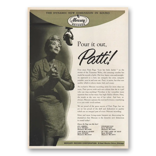 1959 Mercury Records Pour It Out Patti Page Vintage Magazine Print Ad