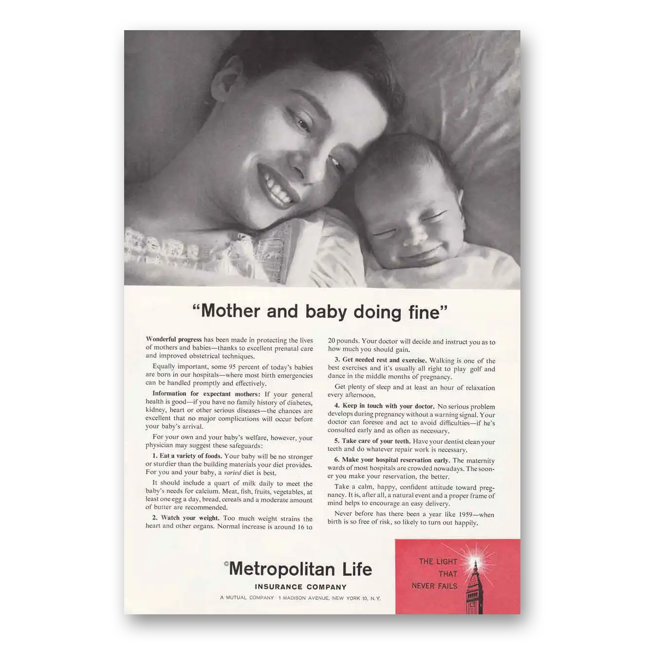 1959 Metropolitan Life Insurance Mother and Baby Doing Fine Vintage Magazine Print Ad