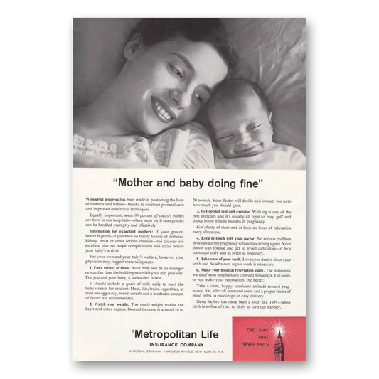 1959 Metropolitan Life Insurance Mother and Baby Doing Fine Vintage Magazine Print Ad