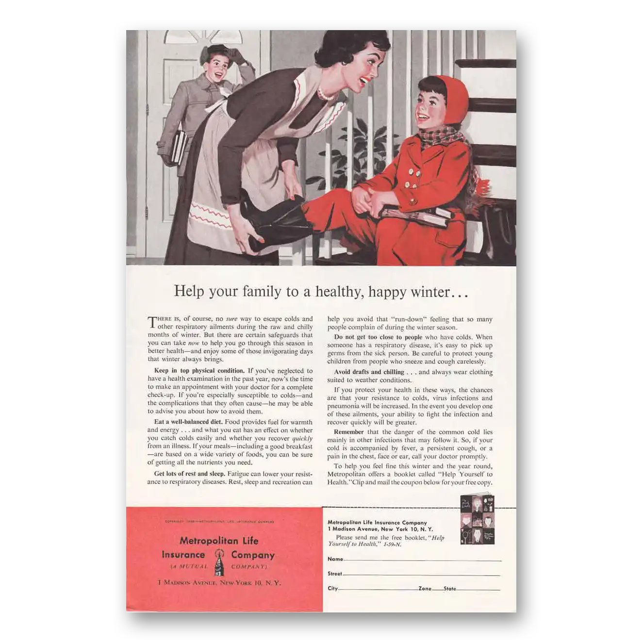 1959 Metropolitan Life Insurance Healthy Happy Winter Vintage Magazine Print Ad