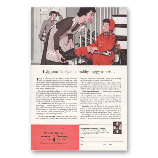 1959 Metropolitan Life Insurance Healthy Happy Winter Vintage Magazine Print Ad